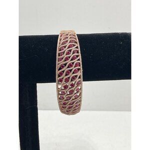 Gold-Plated 925 JCL Silver Bangle Bracelet With Red Gemstone Accents & Intricate
